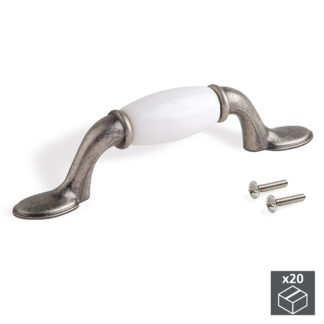 Puxador para móvel, distância entre furos de 76 mm, Zamak e cerâmica, Efeito prata velha, 20 un.