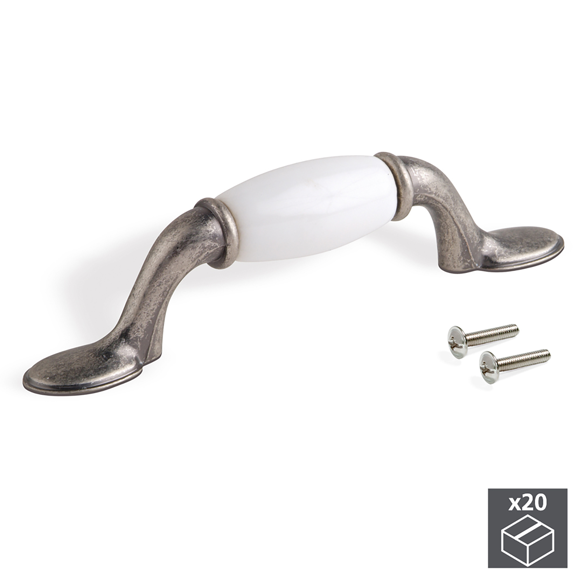 Puxador para móvel, distância entre furos de 76 mm, Zamak e cerâmica, Efeito prata velha, 20 un.