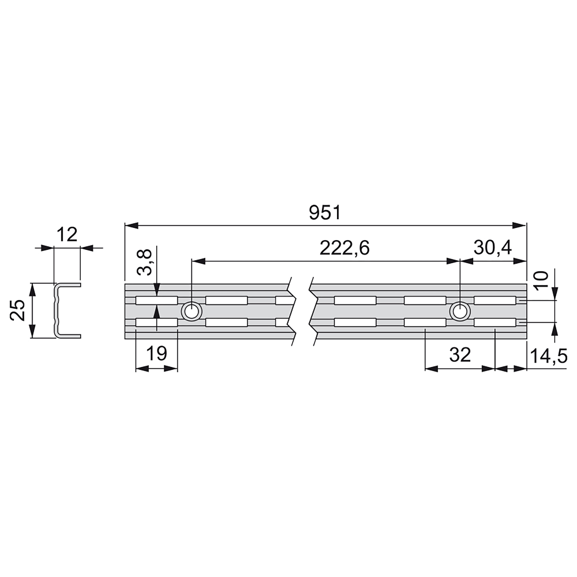 Perfis de roupeio, ranhura dupla, paso 32 mm, 951 mm, Aço, Branco, 10 un. - Image 2