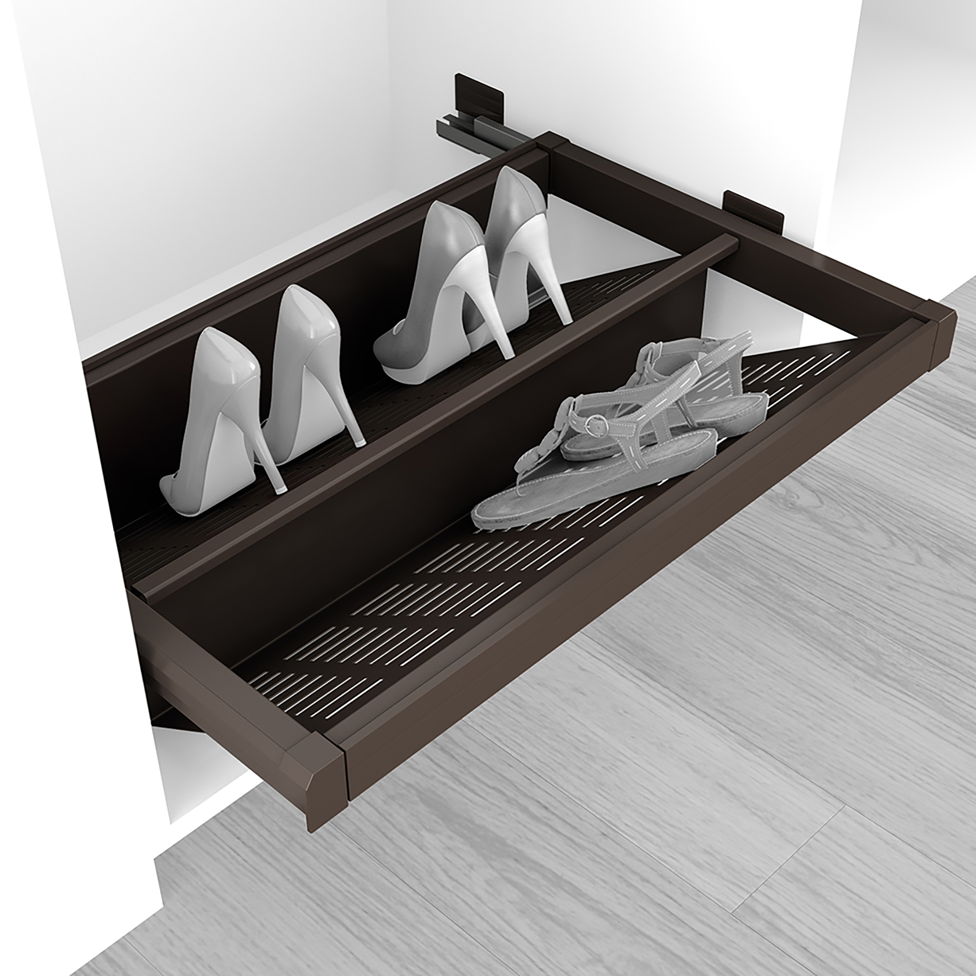 Sapateira extensível para interior de roupeiro, módulo (600/900) mm, fecho suave, Aço, Moka