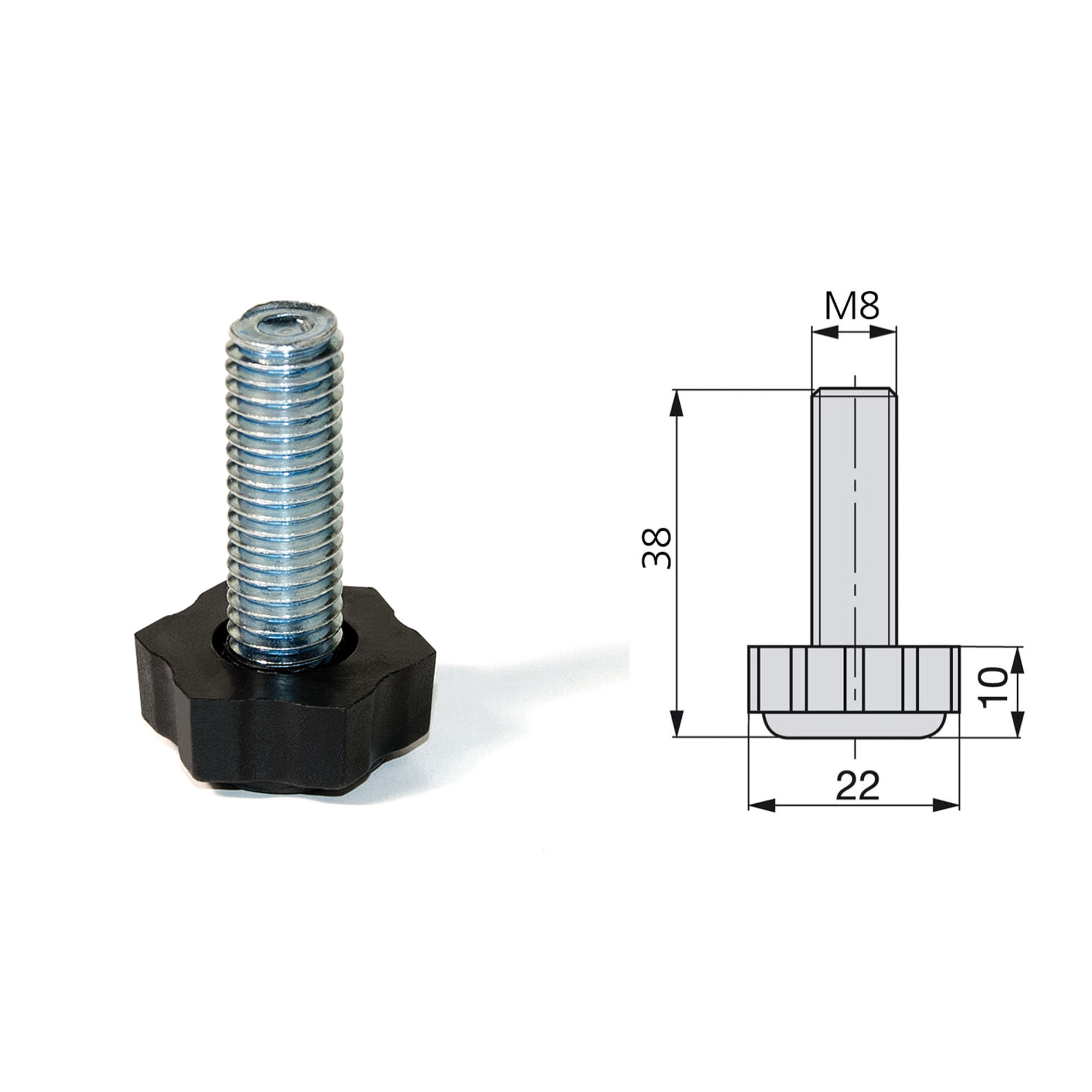 Pé nivelador para móvel, base hexagonal, M8, altura 38 mm, Aço e plástico, 20 un. - Image 4