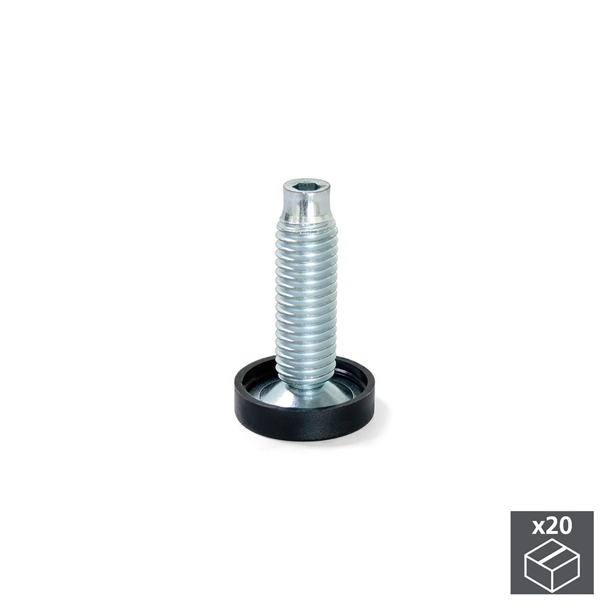 Pé nivelador para móvel, regulação interior, M10, D. 23 mm, altura 38 mm, Aço e plástico, 20 un.