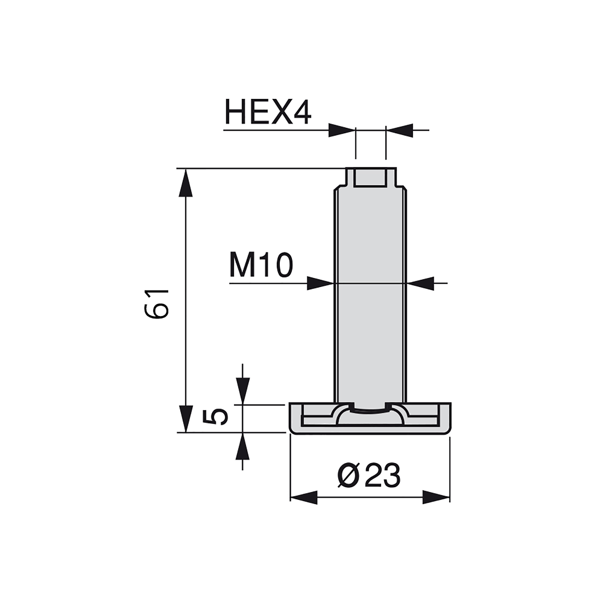 Pé nivelador para móvel, regulação interior, M10, D. 23 mm, altura 61 mm, Aço e plástico, 20 un. - Image 2