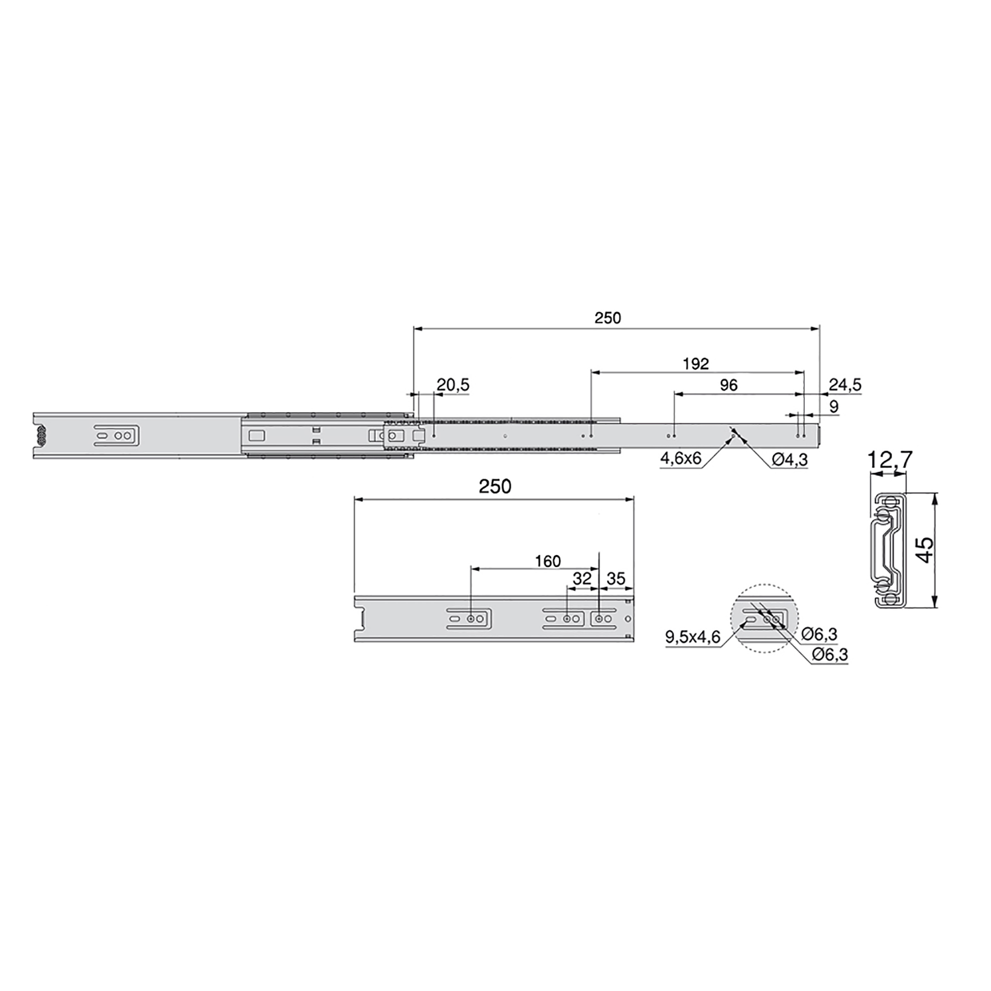 Jogo de corrediças para gavetas, de rolamentos, 45x(250 a 650mm), de extração total, Zincado - Image 2