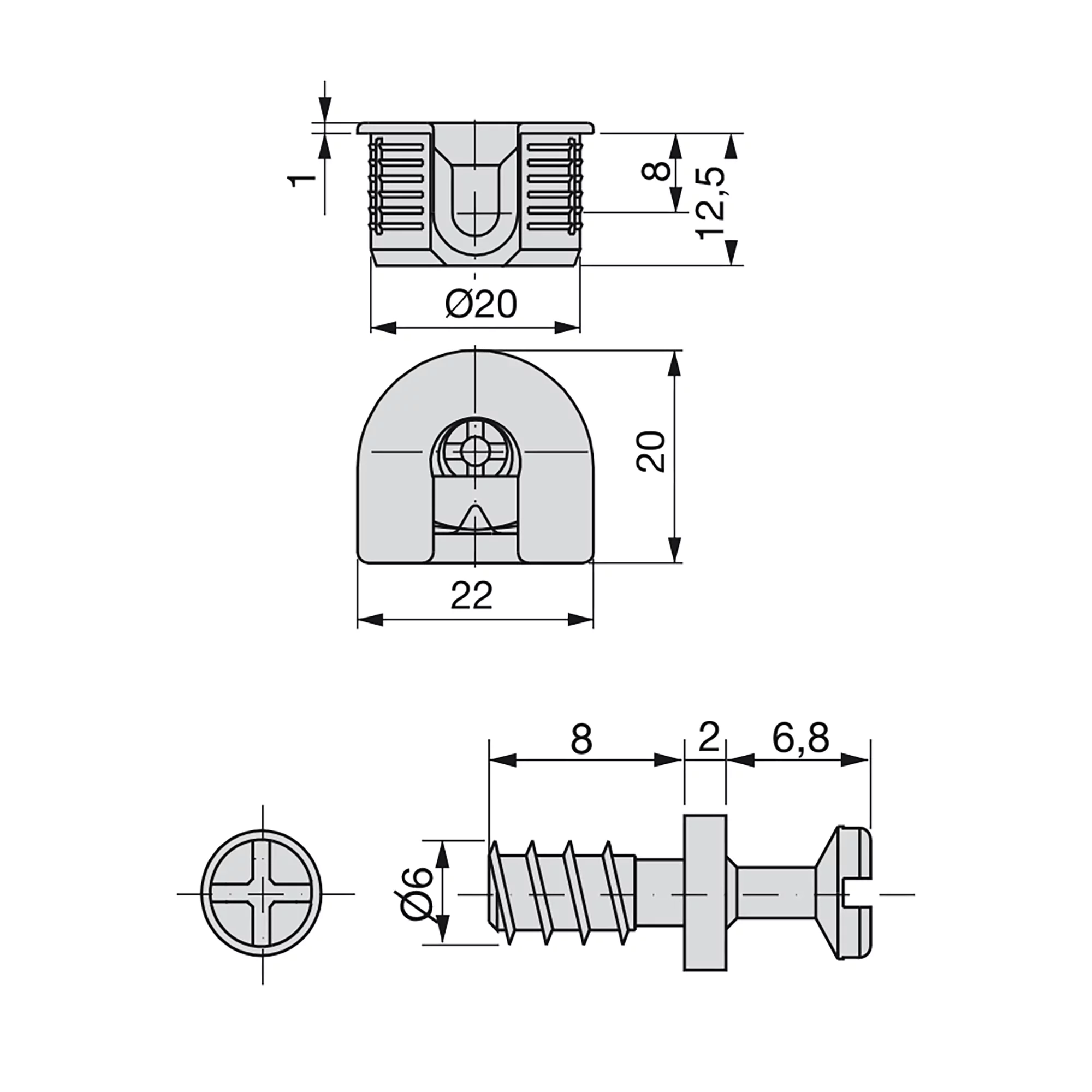 Engates para a fixação de prateleiras, D. 20 x 12,5 mm, + Perno D.6 mm,8 mm, Zamak e aço, Niquelado, 20 un. - Image 2