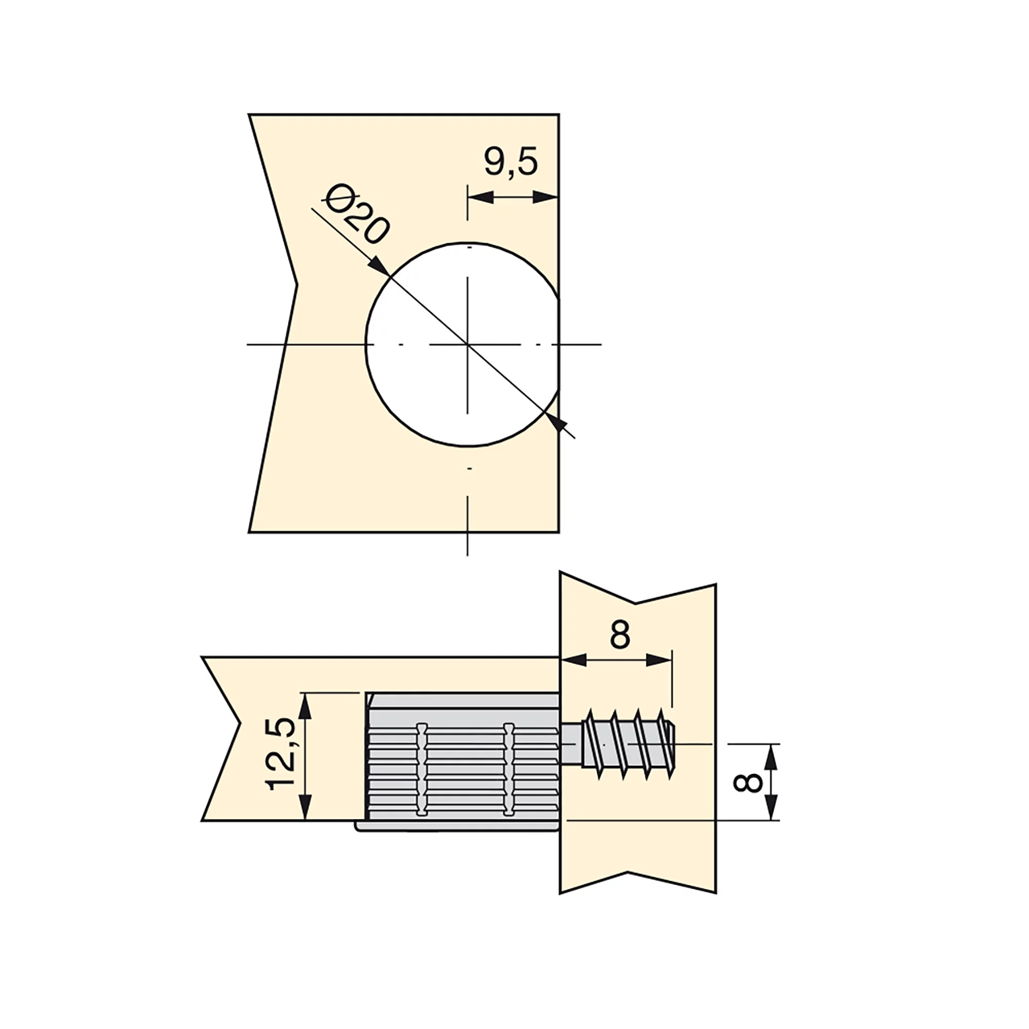 Engates para a fixação de prateleiras, D. 20 x 12,5 mm, + Perno D.6 mm,8 mm, Zamak e aço, Niquelado, 20 un. - Image 3