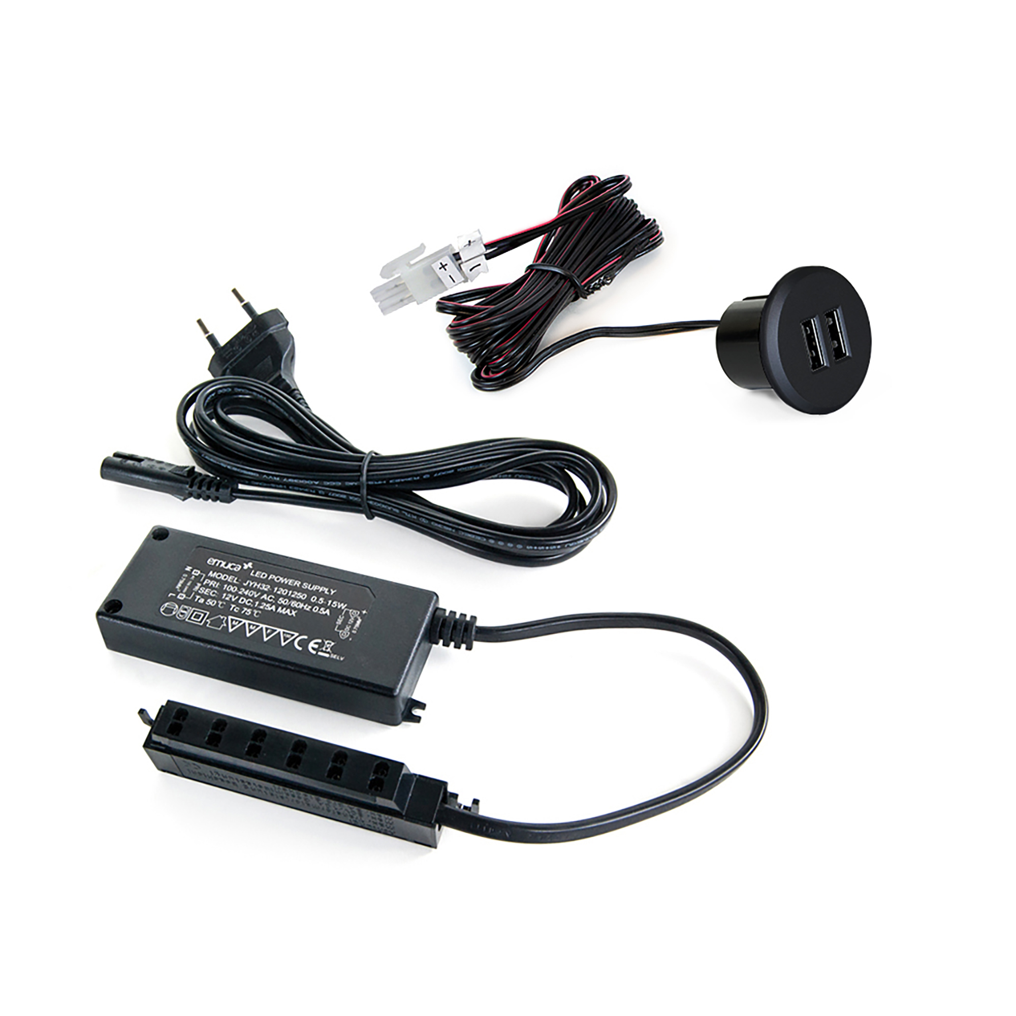 Conector redondo, para encastrar no móvel, 2 entradas USB, D. 37 mm, Plástico, Preto