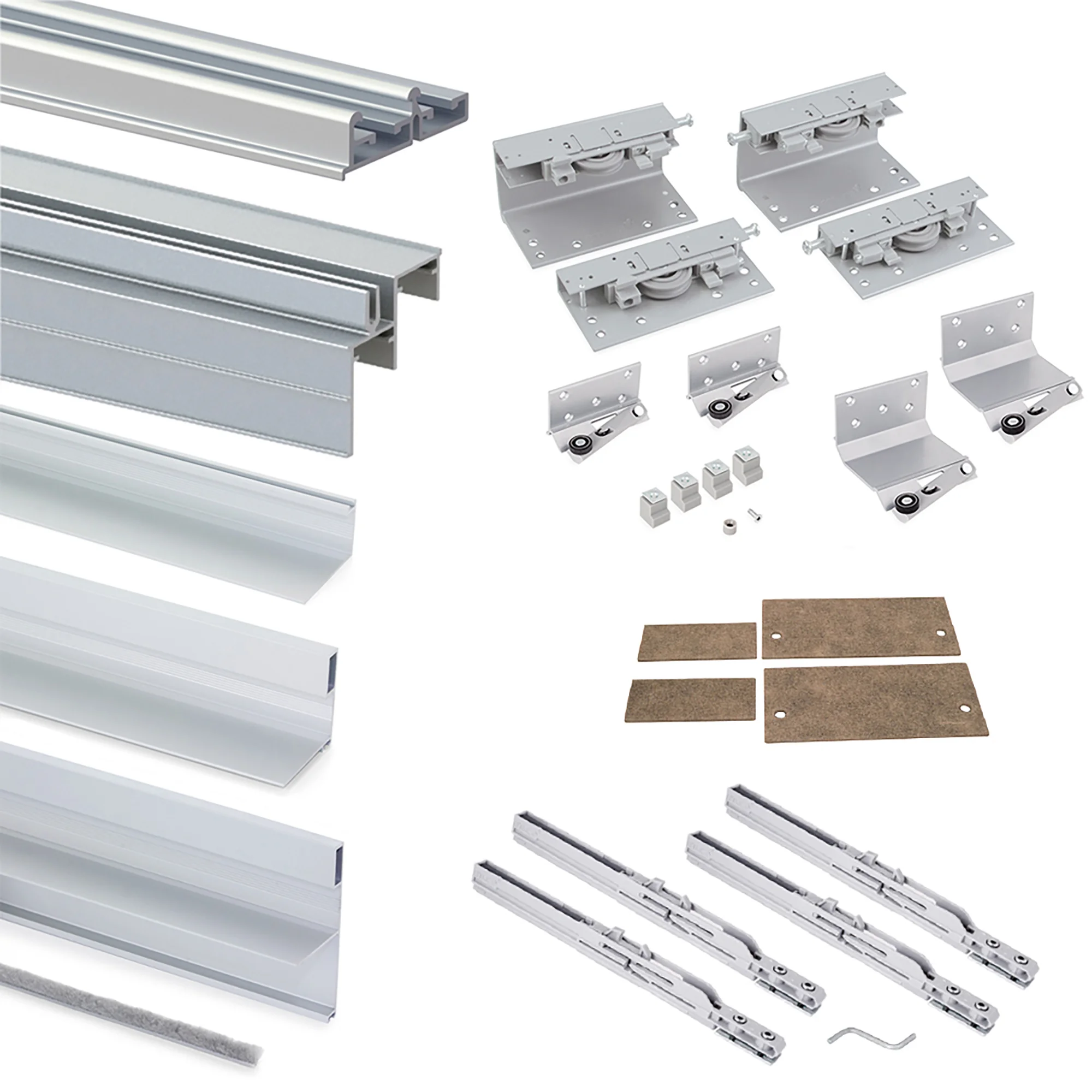 Sistema de correr para roupeiro 2 portas de correr suspensas, espessura 19-20 mm, fecho suave, perfis Alumínio, Anodizado mate