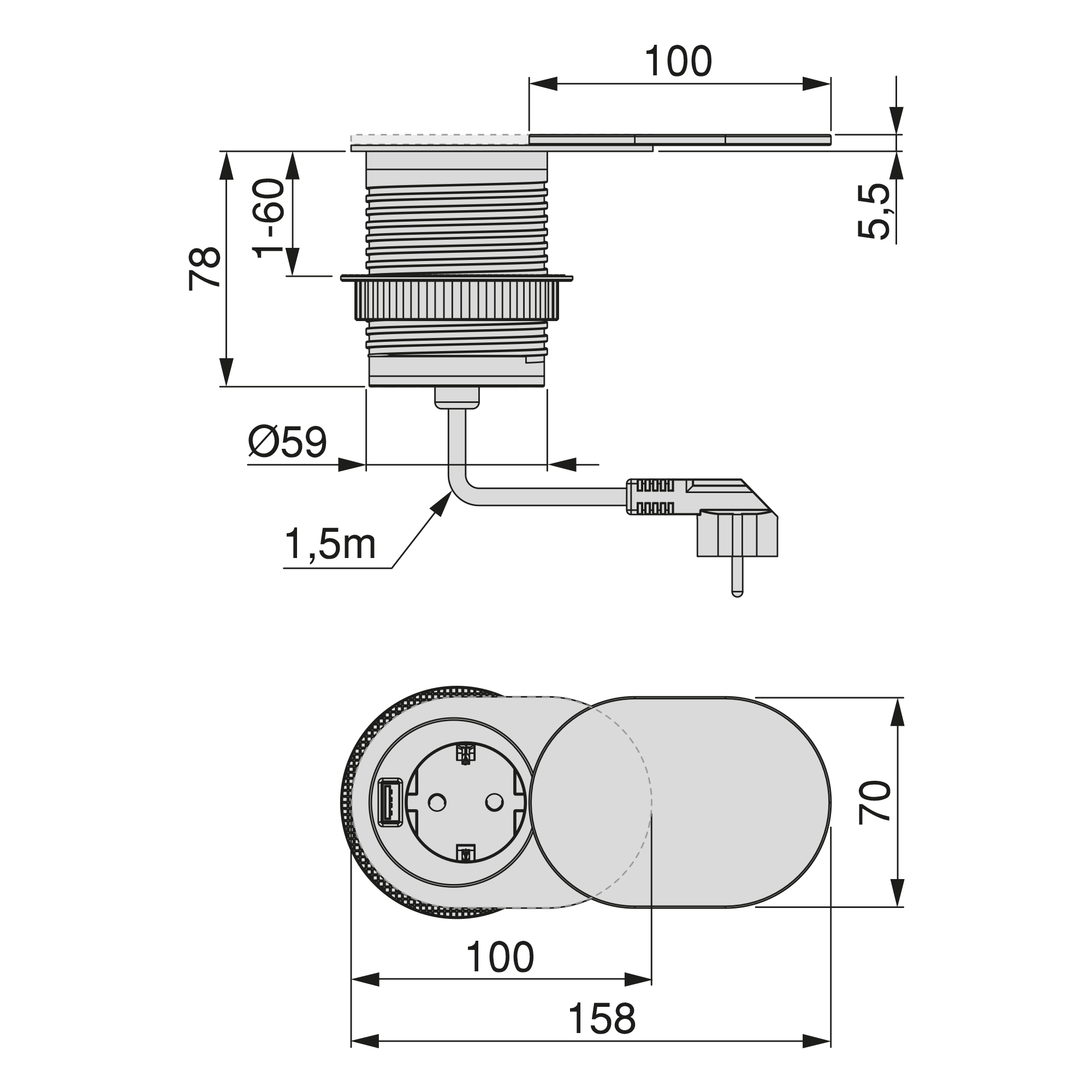 Multiconector com 1 tomada, com 1 usb, de encastrar, com tampa, Plugue tipo Schuko, Aço e Plástico, inox - Image 2