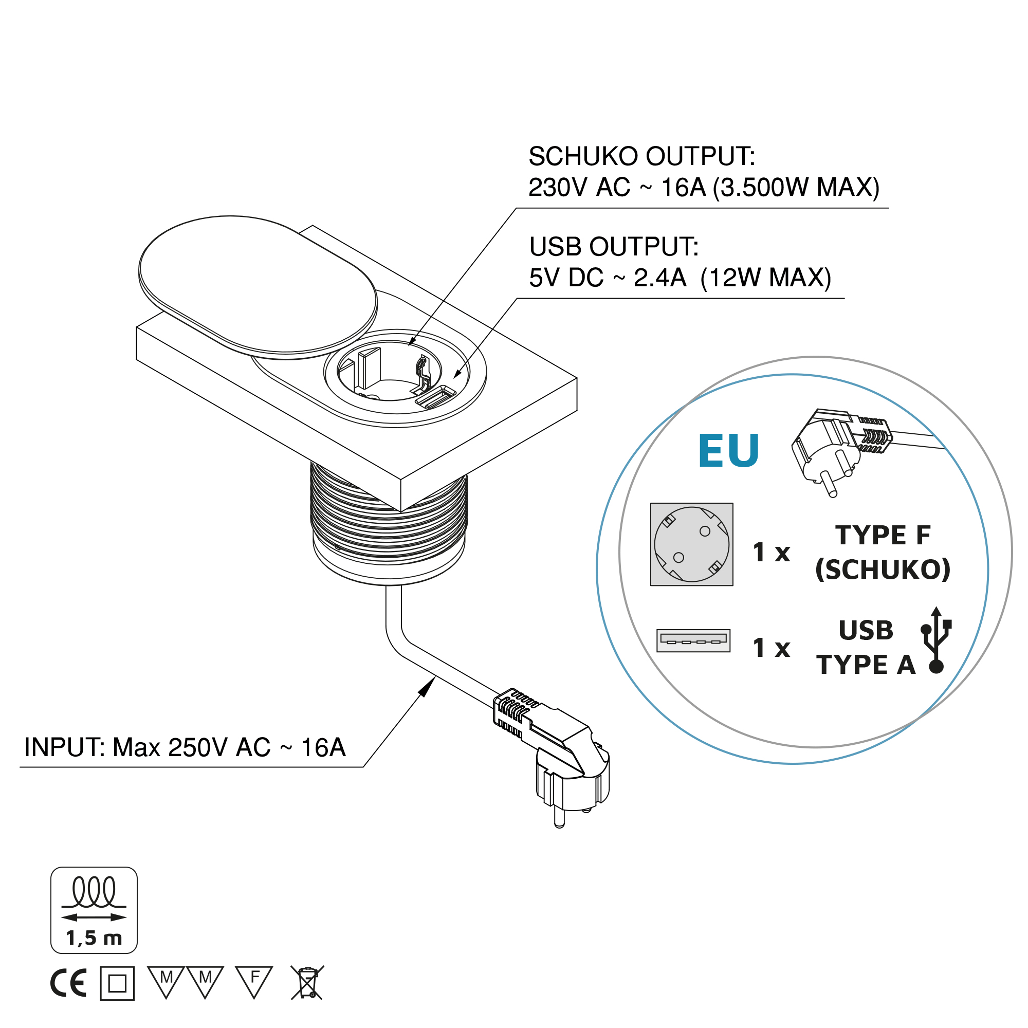 Multiconector com 1 tomada, com 1 usb, de encastrar, com tampa, Plugue tipo Schuko, Aço e Plástico, inox - Image 5
