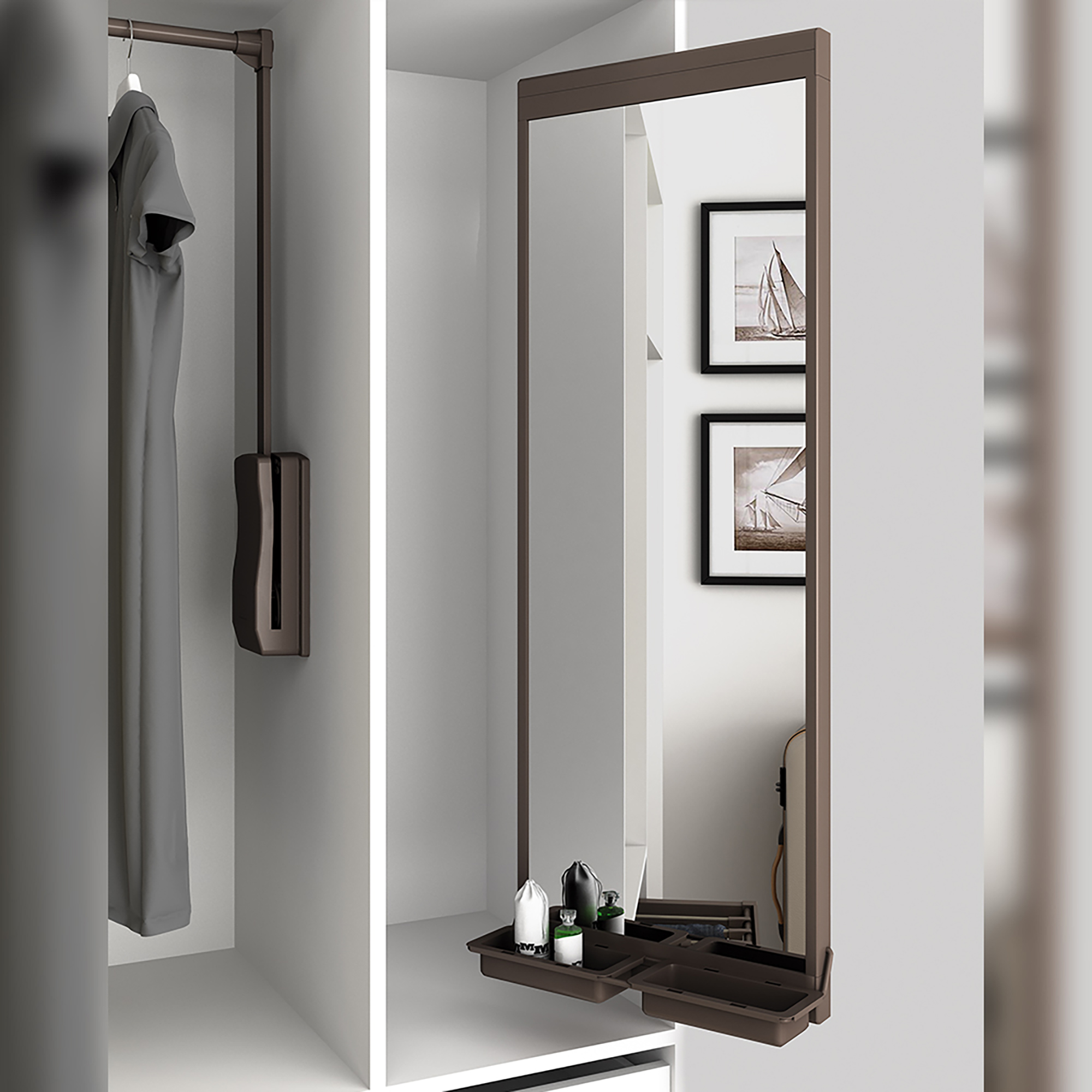 Espelho extraível interior roupeiro, 1130 x 415 mm, fecho suave, Alumínio, Moka - Image 4