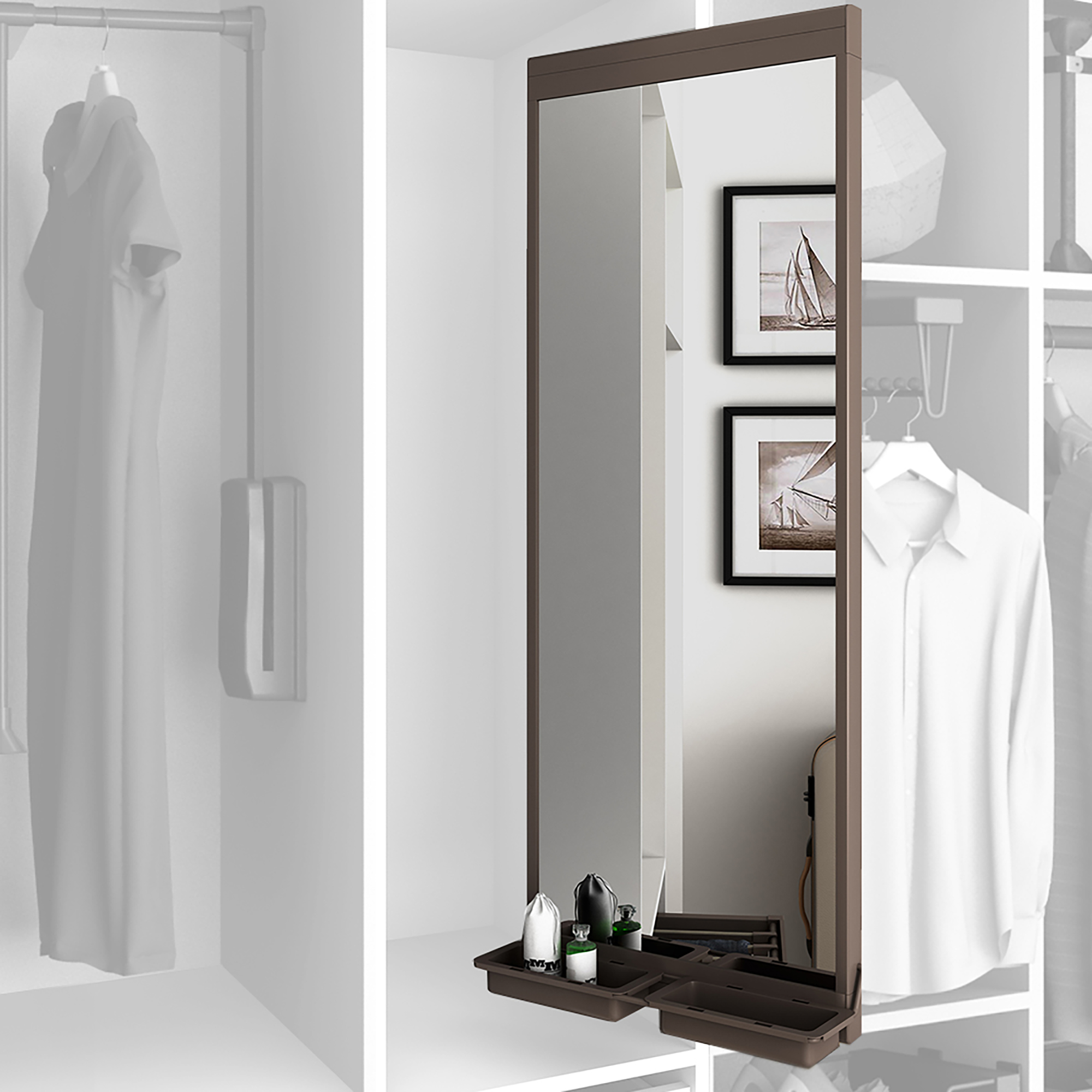 Espelho extraível interior roupeiro, 1130 x 415 mm, fecho suave, Alumínio, Moka