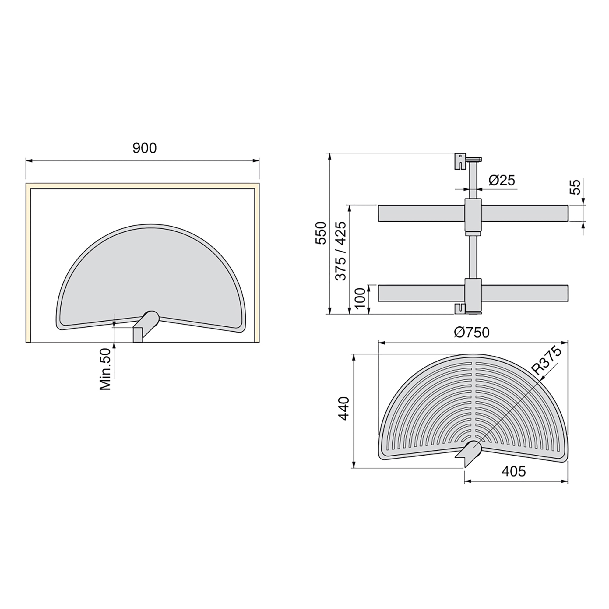 Jogo de travessas giratórias móvel de cozinha, 180º, módulo 900 mm, Plástico e aluminio, Branco - Image 3