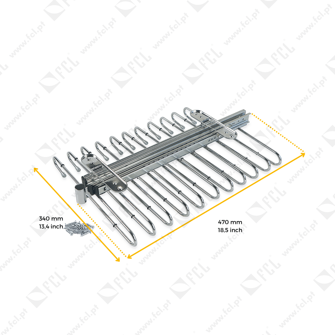 Porta-calças extraível para roupeiro, 470 mm, 11 varetas, Aço, medidas - FCL