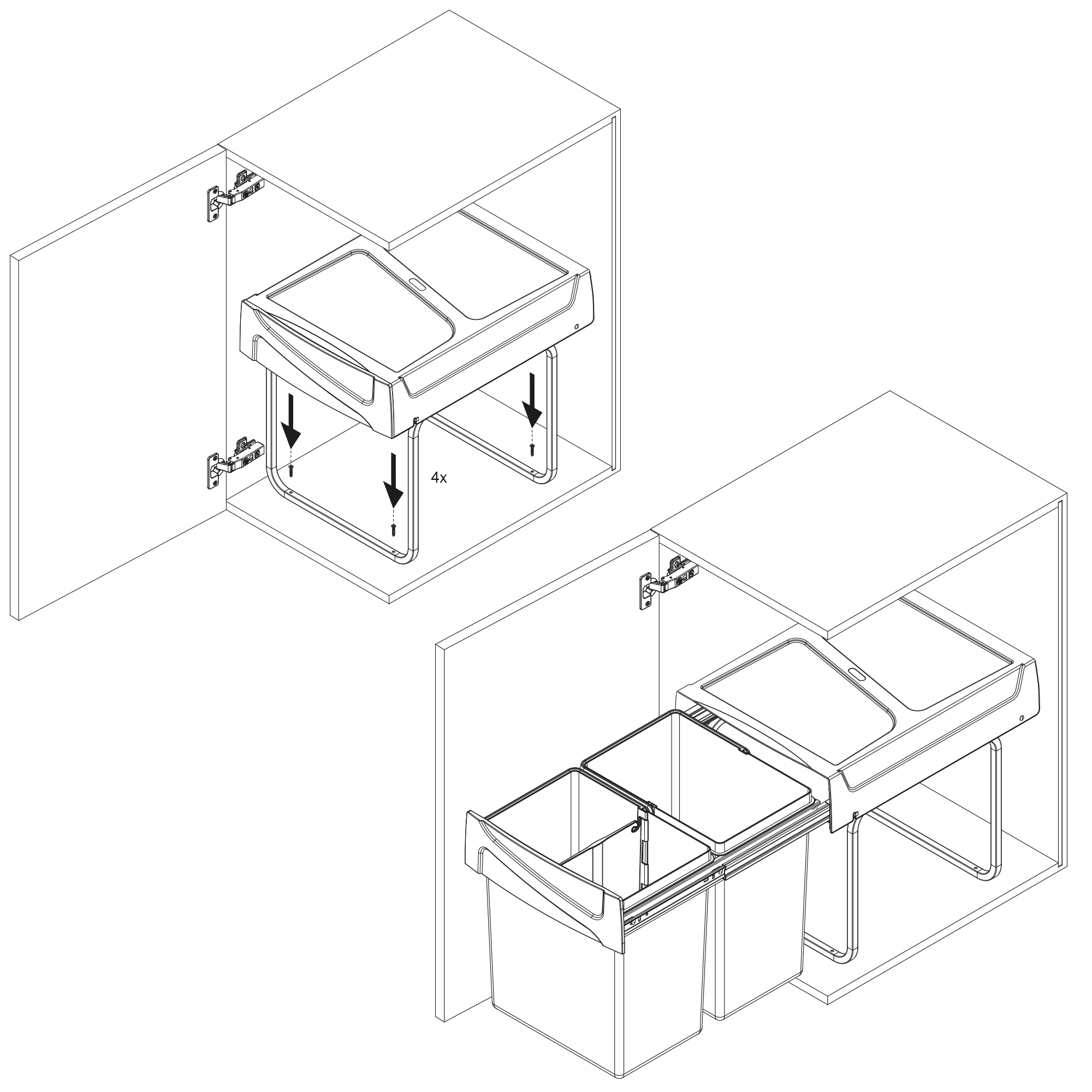Baldes do lixo de reciclagem para cozinha, fixação inferior, extração manual, aço e plástico, cinza antracite. - Image 3