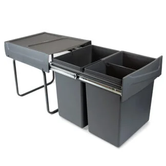 Baldes do lixo de reciclagem para cozinha, fixação inferior, extração manual, aço e plástico, cinza antracite.