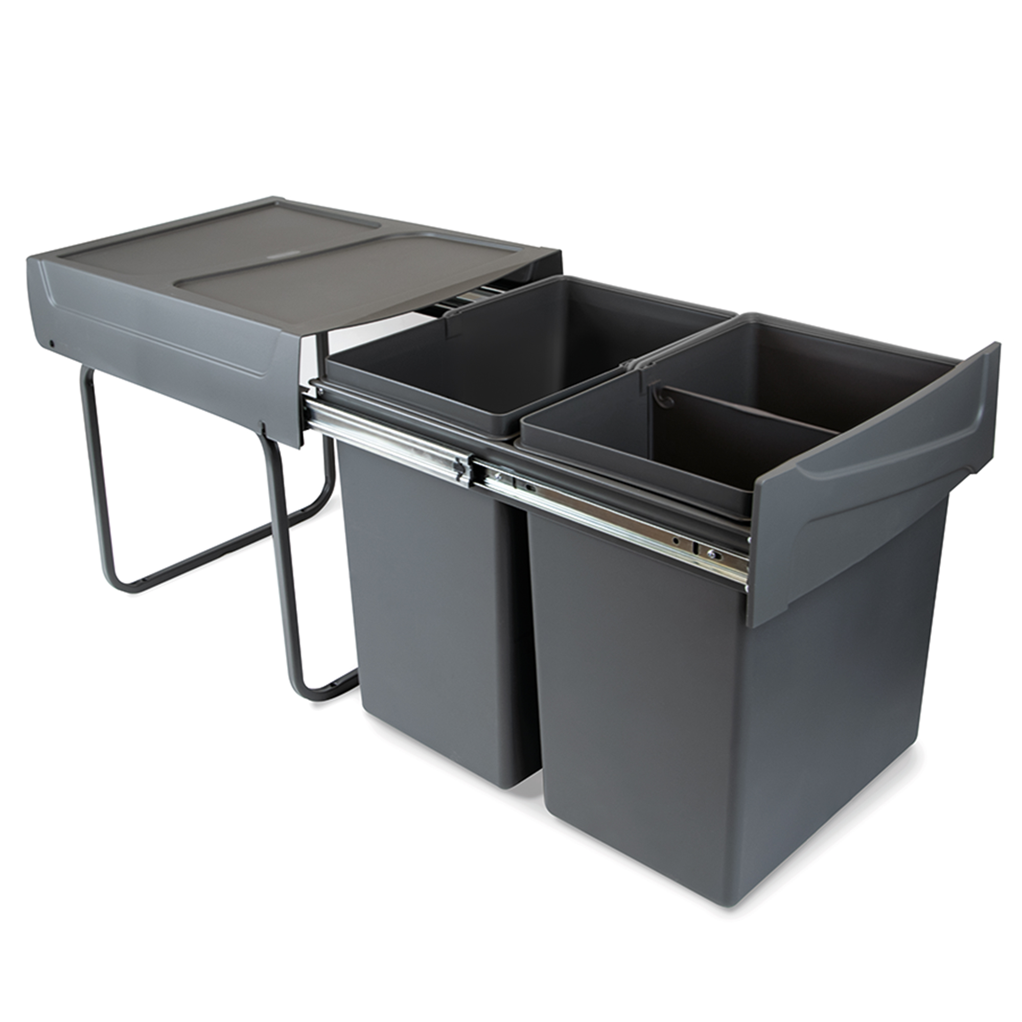 Baldes do lixo de reciclagem para cozinha, fixação inferior, extração manual, aço e plástico, cinza antracite.