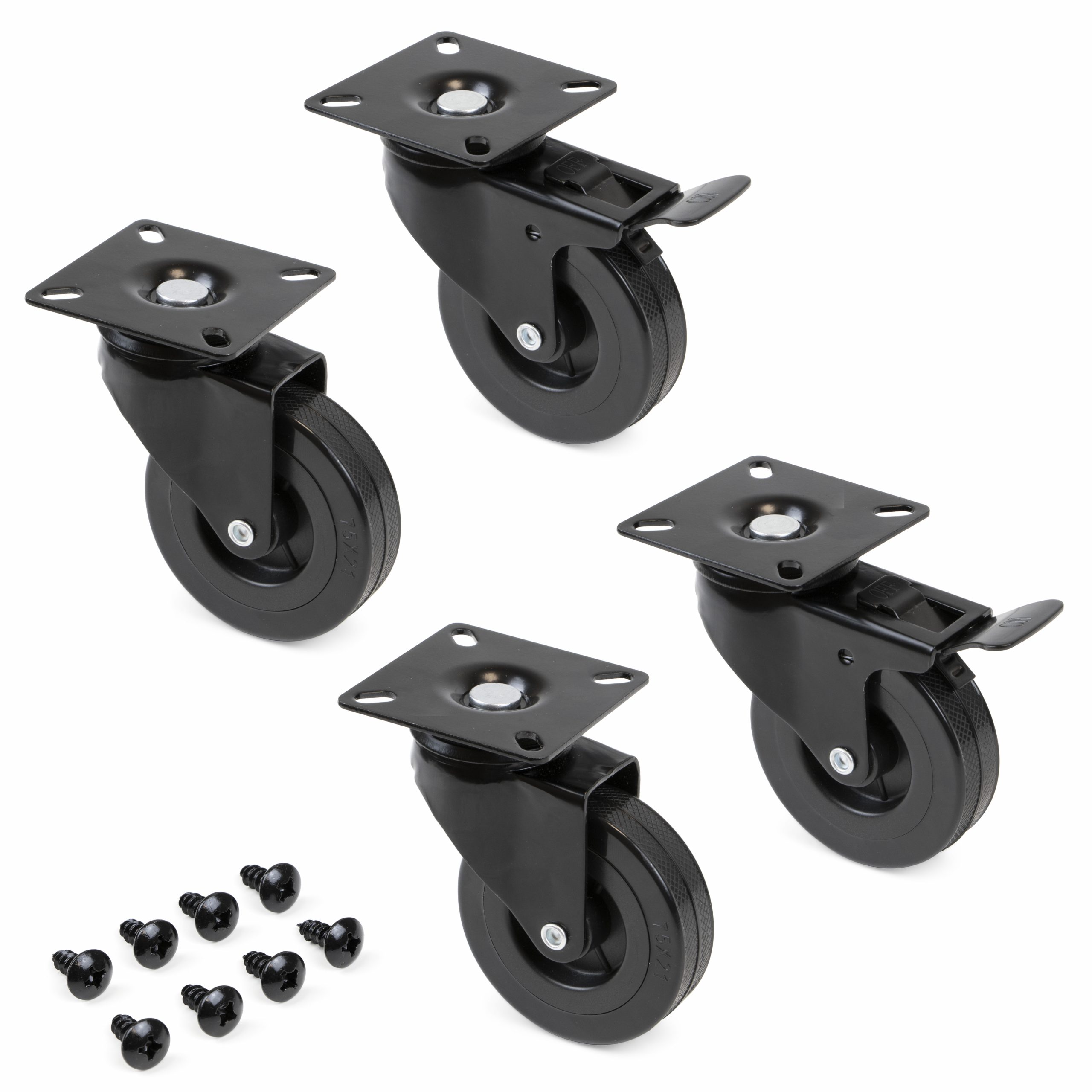 Rodas com placa de montagem, D.75mm, Aço e plástico, Preto, 4 un.