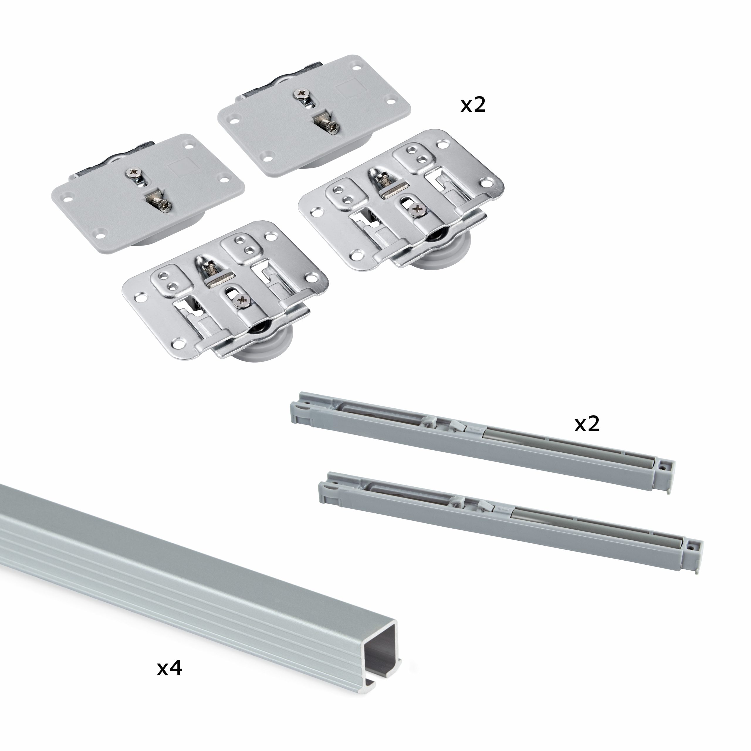 Sistema Flow para 2 portas de correr de madeira apoiadas, fecho suave, painéis não incluídas, Aço e alumínio, anodizado