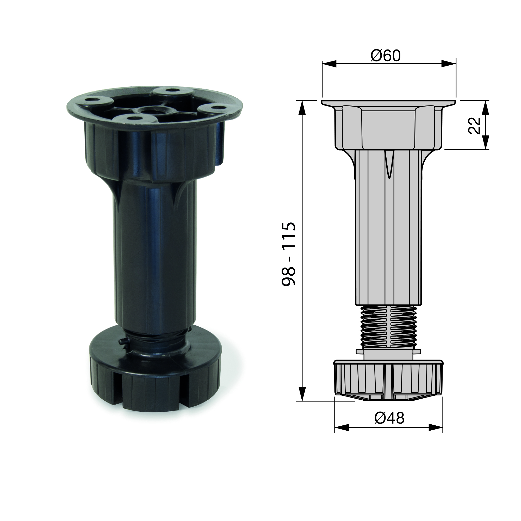 Pés reguláveis com base pré-montada para móvel, Plástico, Preto, 4 ud. - Image 8