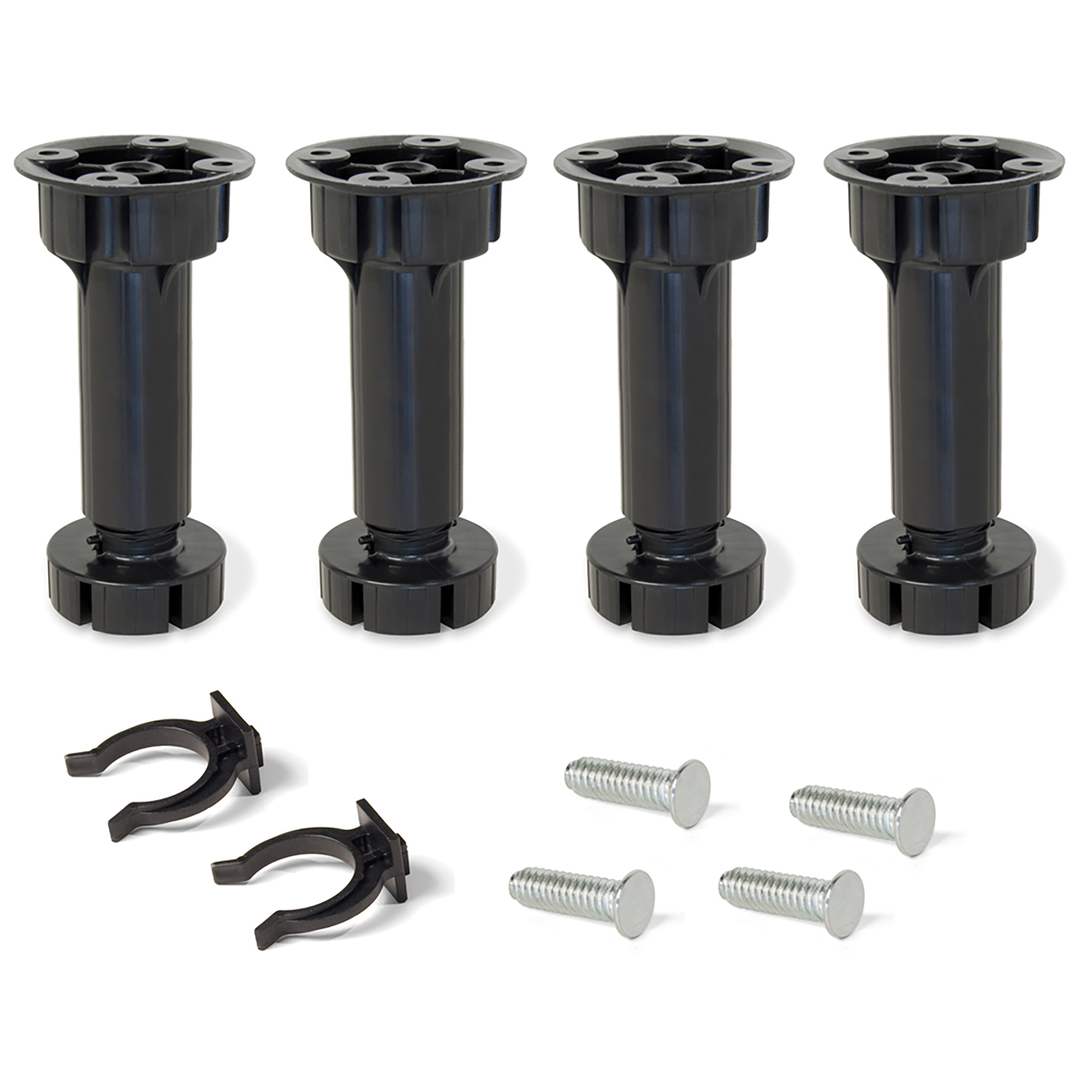 Pés reguláveis com base pré-montada para móvel, Plástico, Preto, 4 ud.