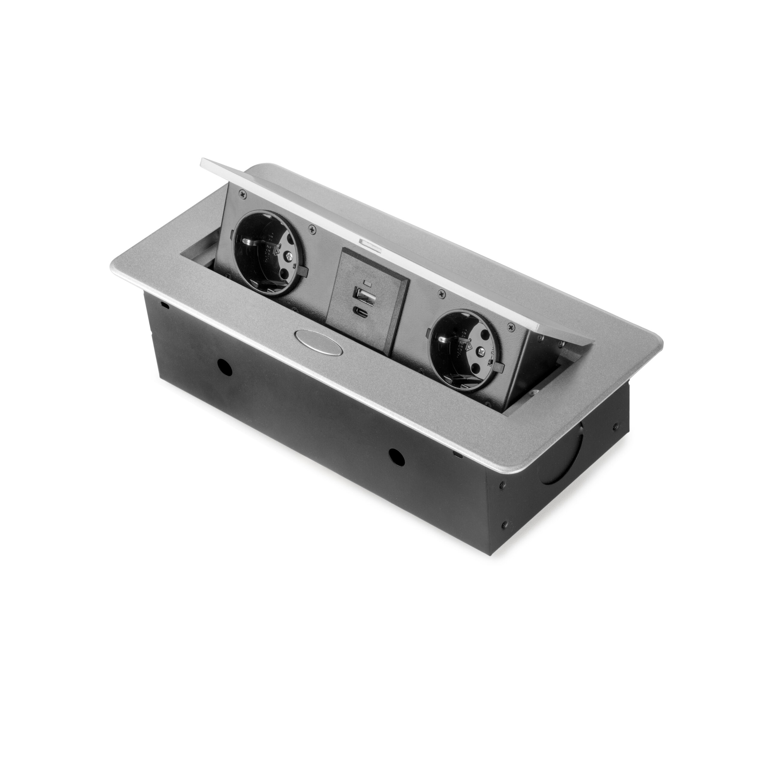 Bloco de tomadas Atom 26 Lite para escritório, 2 tomadas EU + 1 USB tipo A + 1 USB tipo C, 265x120mm, Aço e alumínio