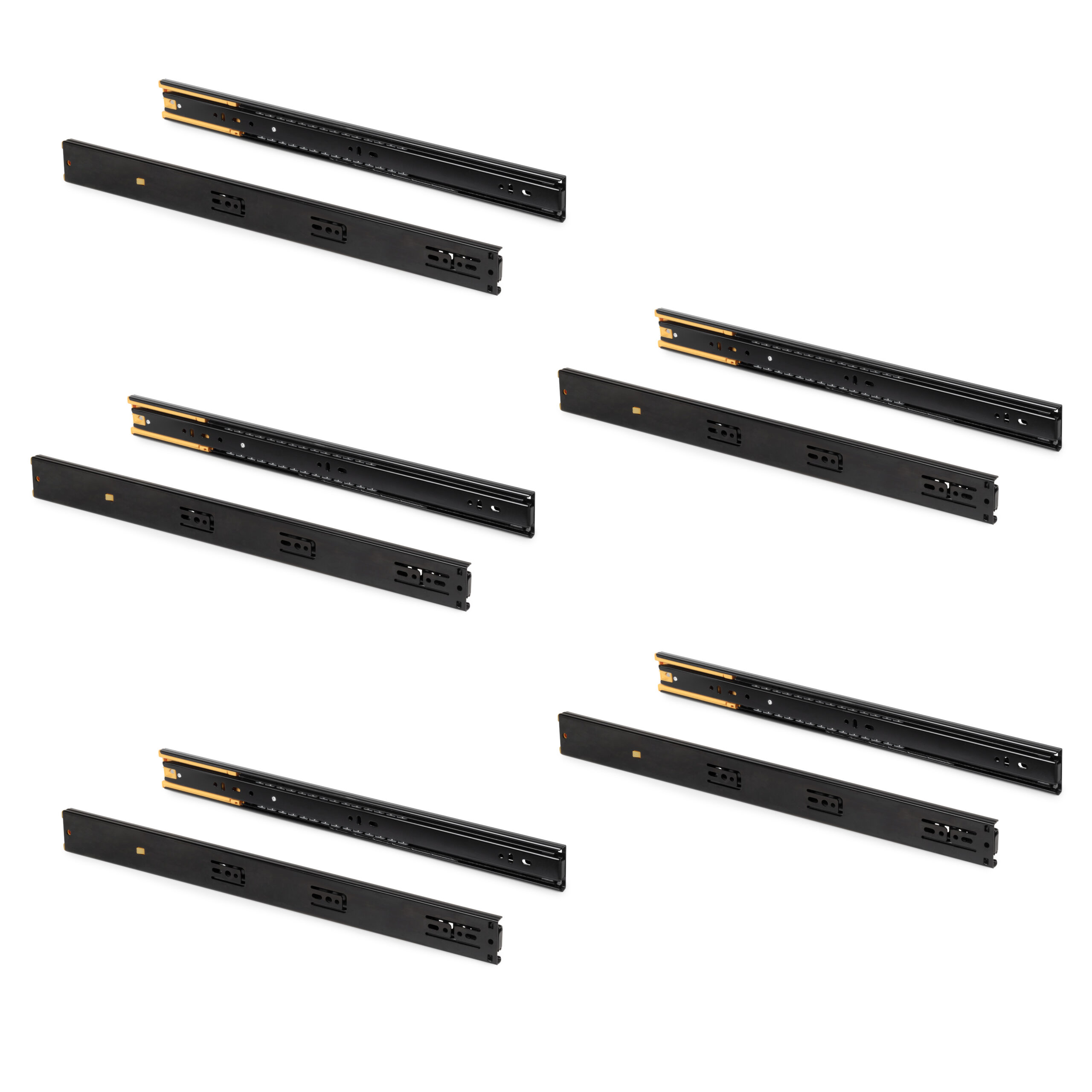 Jogo de corrediças para gavetas, de rolamentos, extração total, fecho suave, Preto, 5 ud.