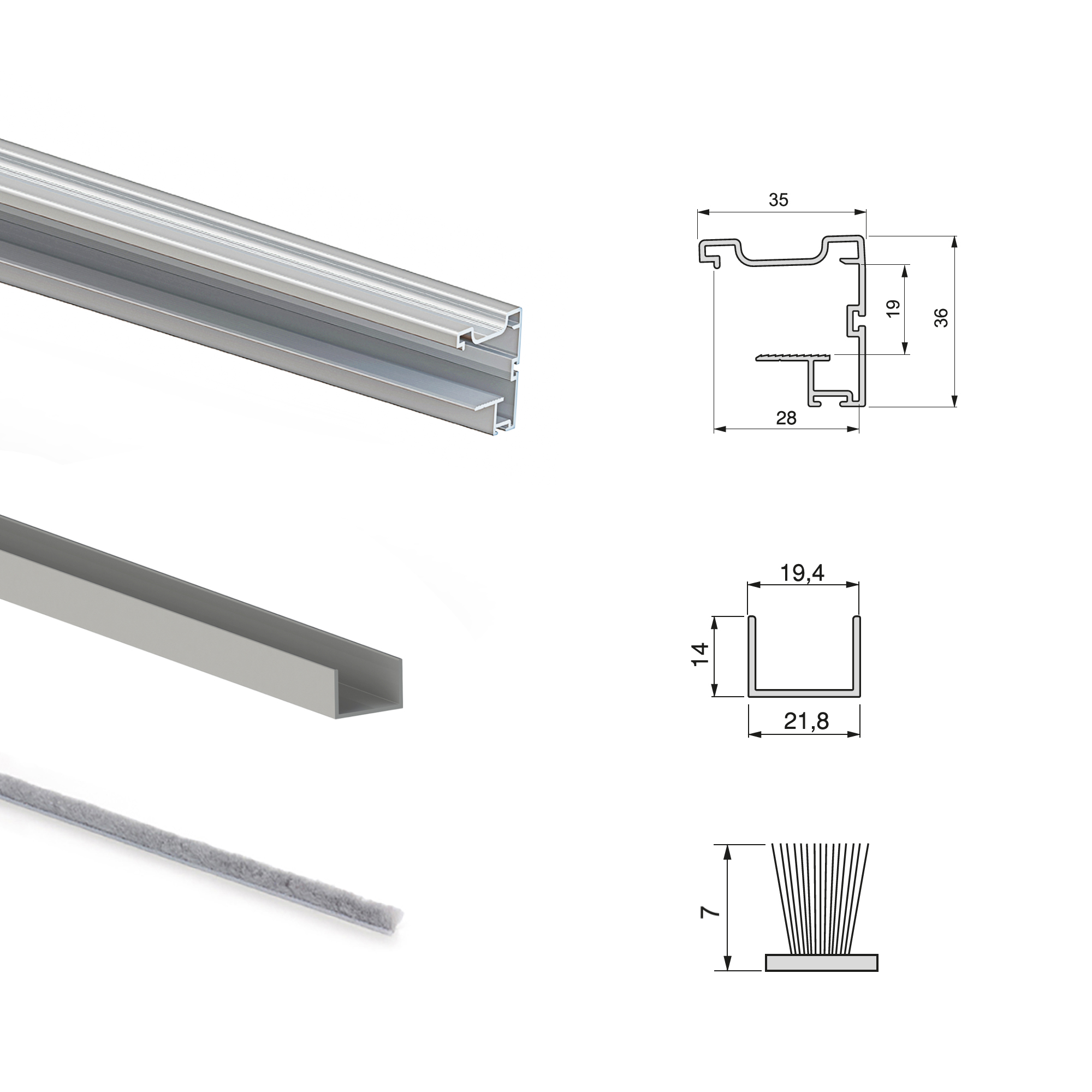 Sistema de correr Placard para roupeiro de 2 portas com perfis Vall, espessura 19 mm, fecho suave, painéis não incluídas, Anodizado mate, 1 ud. - Image 5
