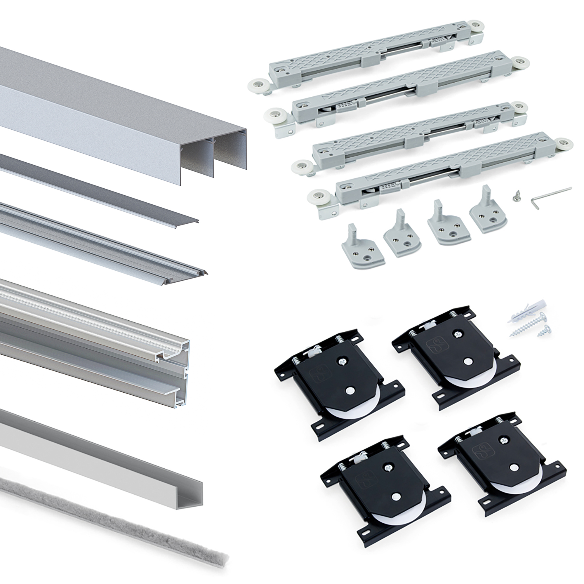 Sistema de correr Placard para roupeiro de 2 portas com perfis Vall, espessura 19 mm, fecho suave, painéis não incluídas, Anodizado mate, 1 ud.