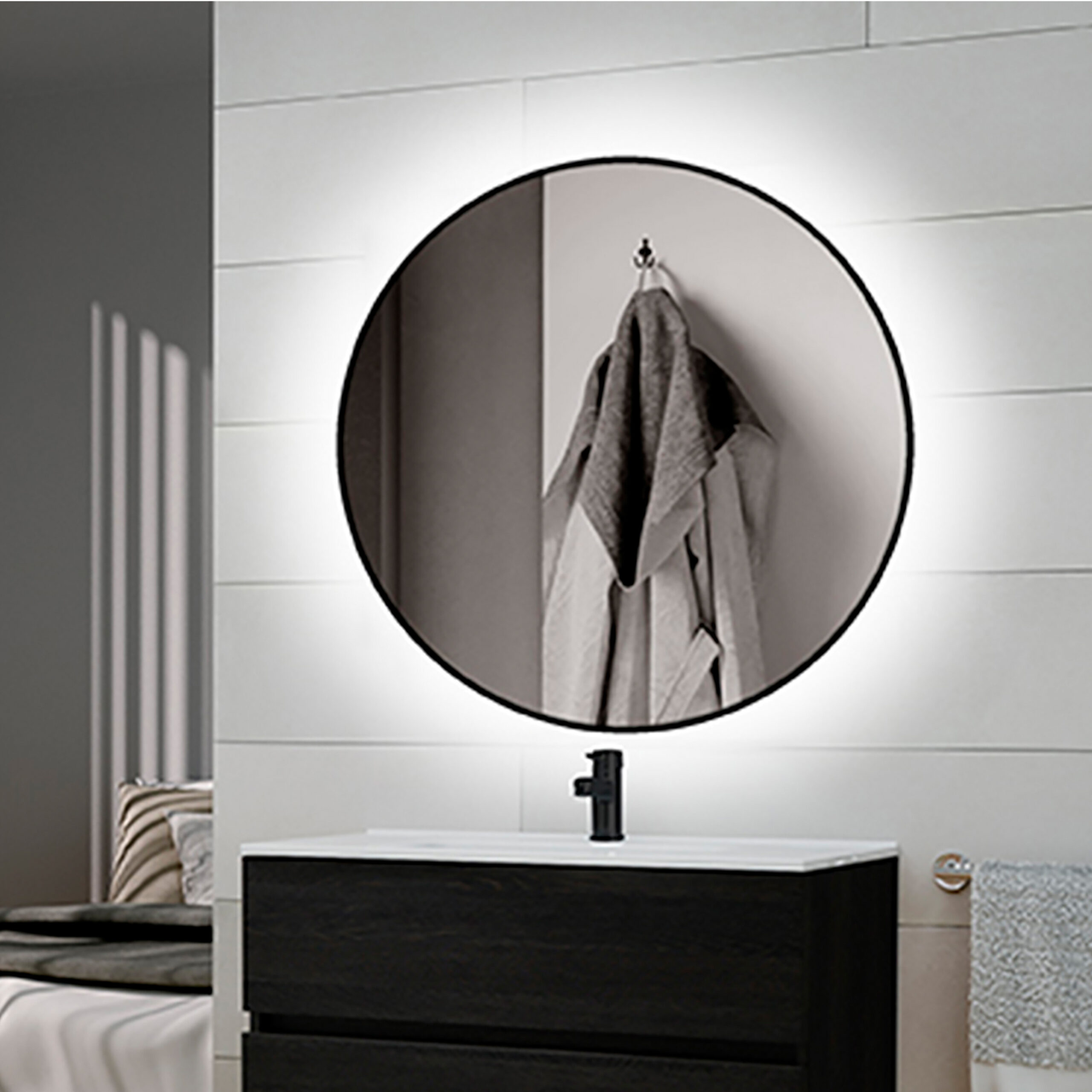 Espelho Zeus com iluminação LED decorativa e moldura preta, Alumínio e Vidro, 1 ud. - Image 2