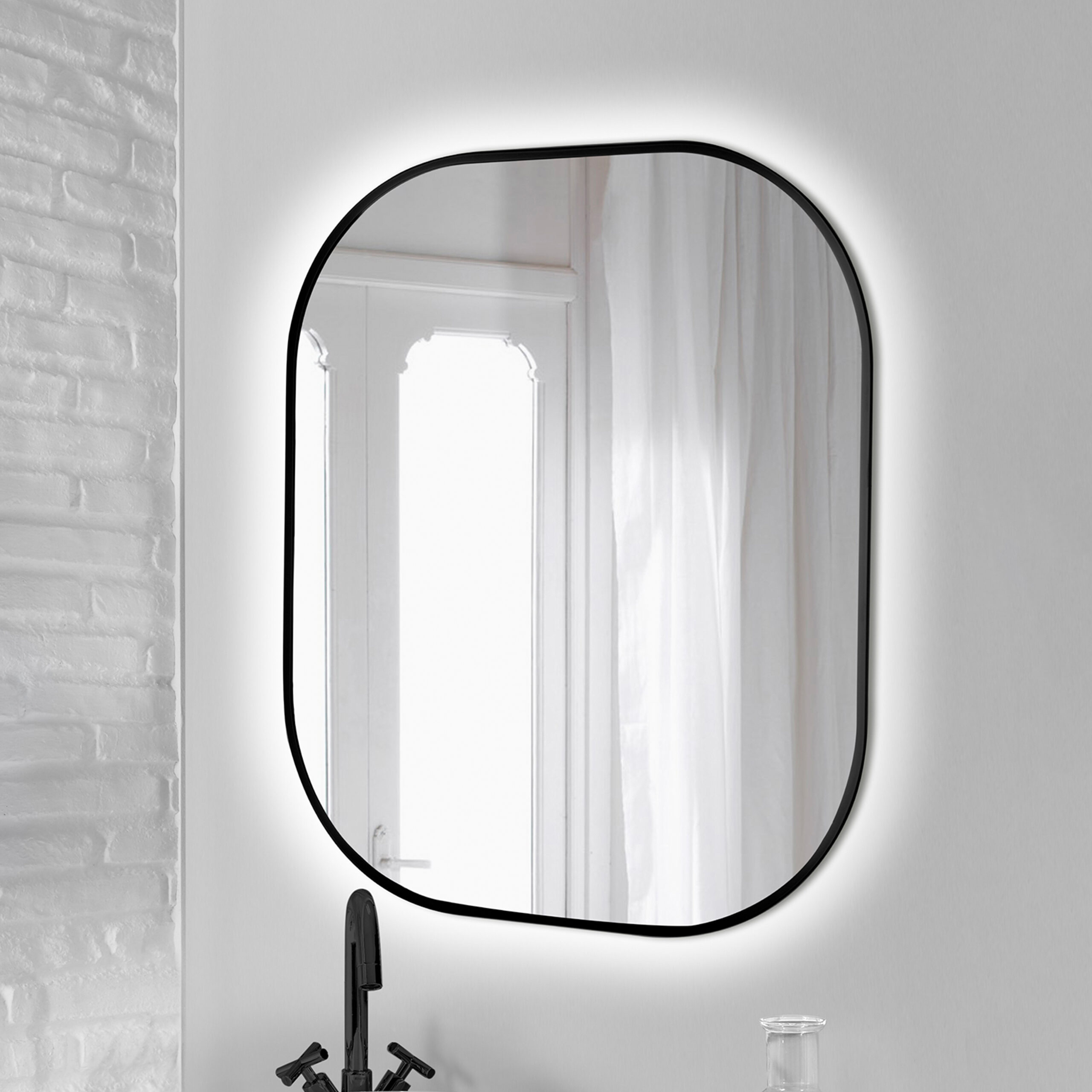 Espelho Cepheus com iluminação LED decorativa e moldura preta, arredondado retangular, Alumínio e Vidro, 1 ud. - Image 2