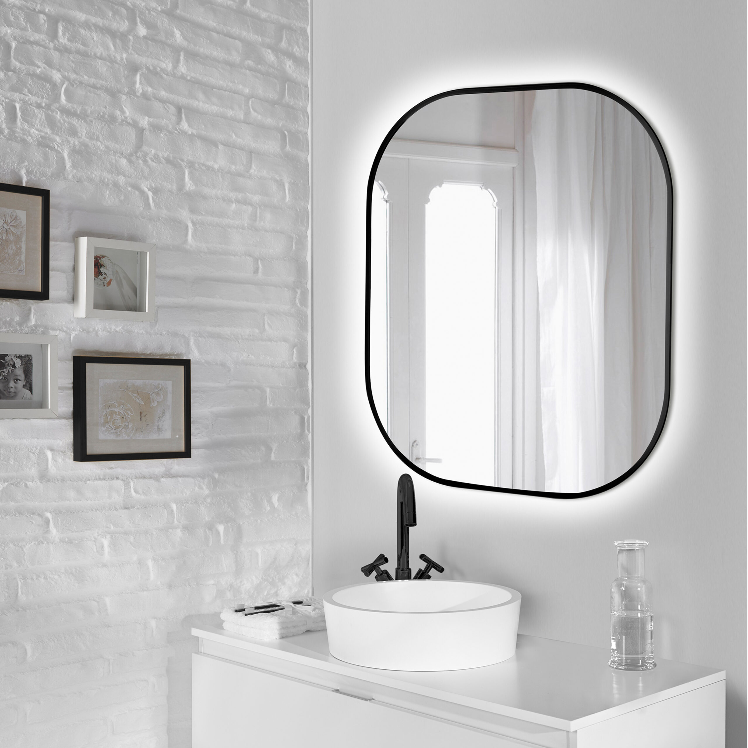 Espelho Cepheus com iluminação LED decorativa e moldura preta, arredondado retangular, Alumínio e Vidro, 1 ud. - Image 5
