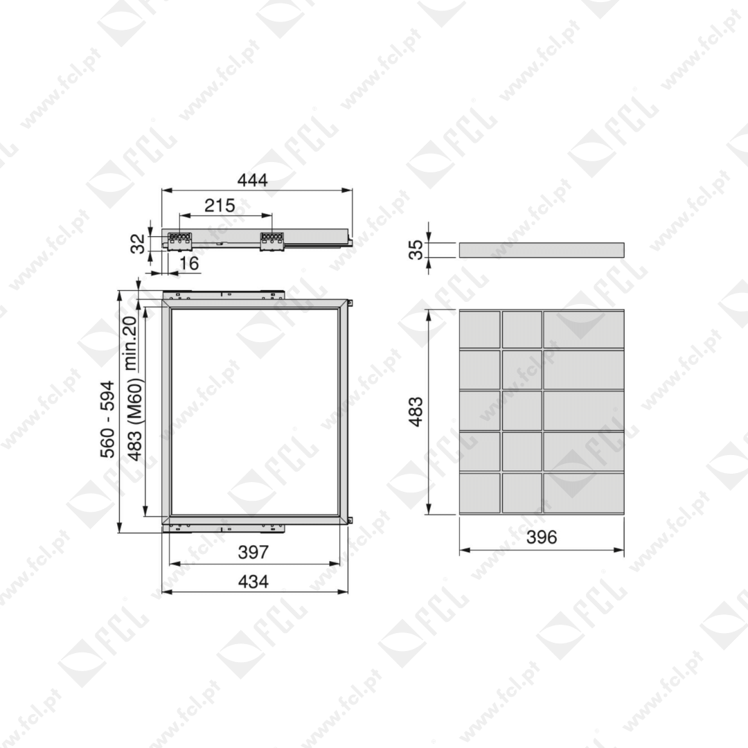 Kit de organizador de gavetas e corrediças M60 medidas - FCL