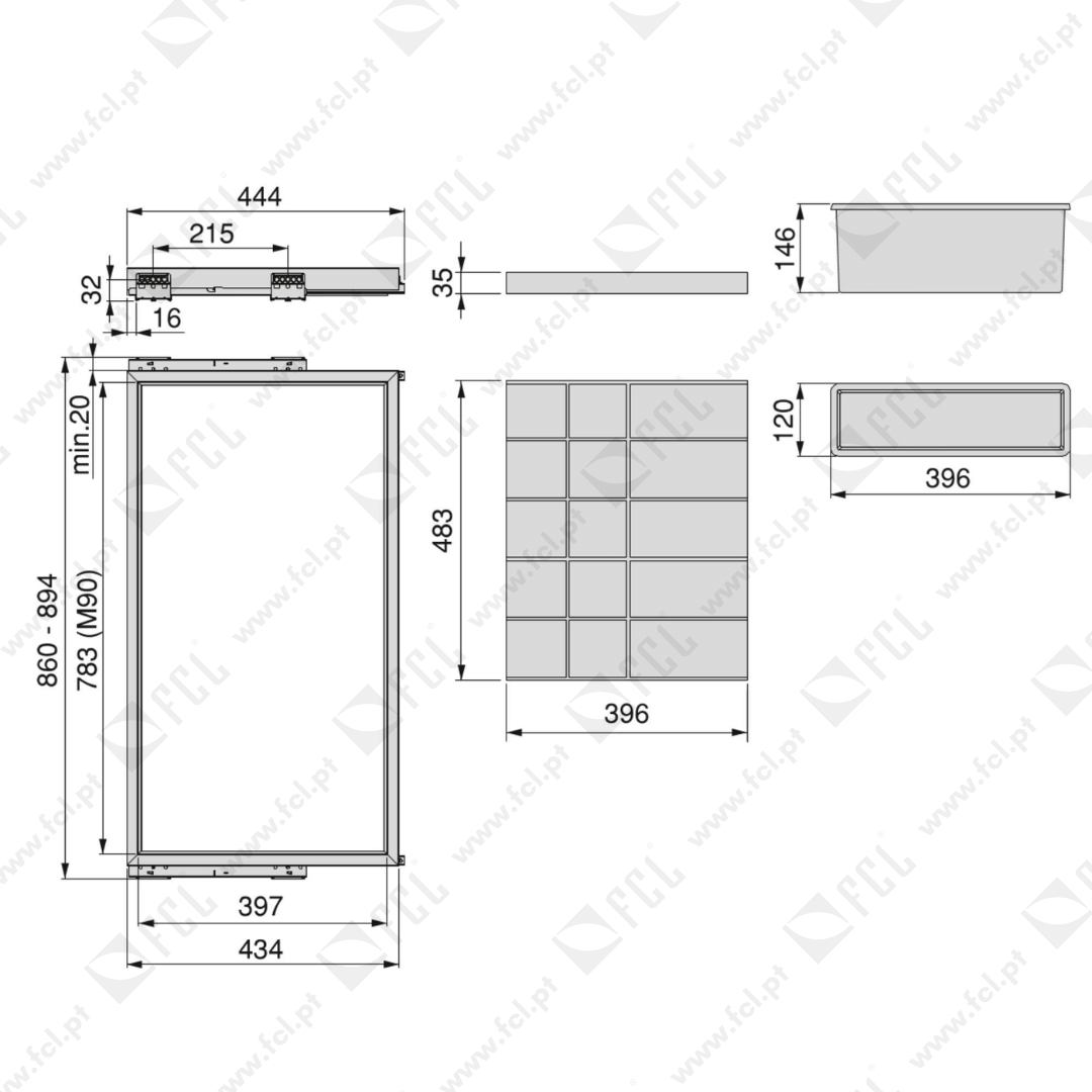 Kit de organizador de gavetas e corrediças cinzento pedra M90 medidas - FCL