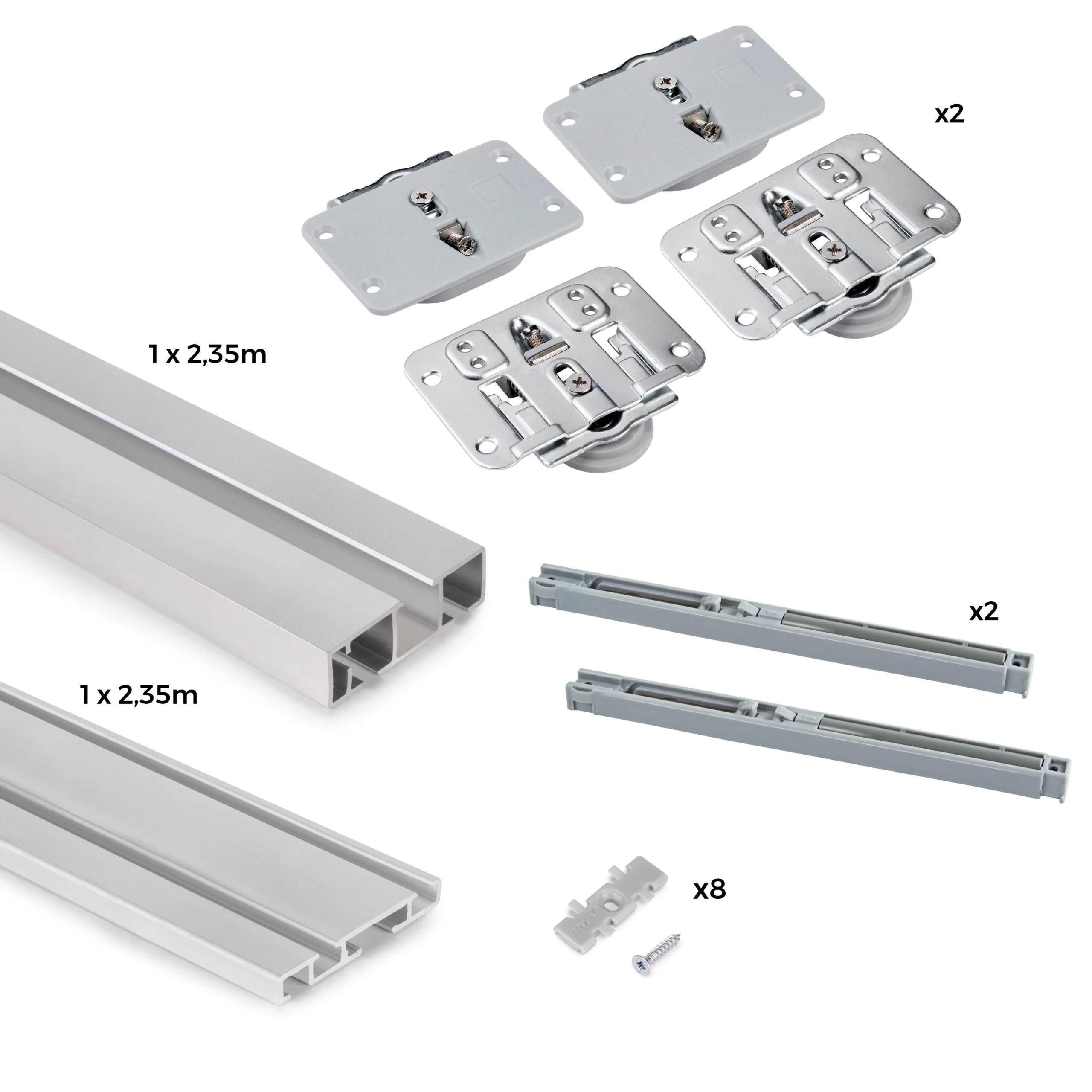 Sistema Flow montado na superfície em formato de kit para um roupeiro com 2 portas de correr de madeira suspensas