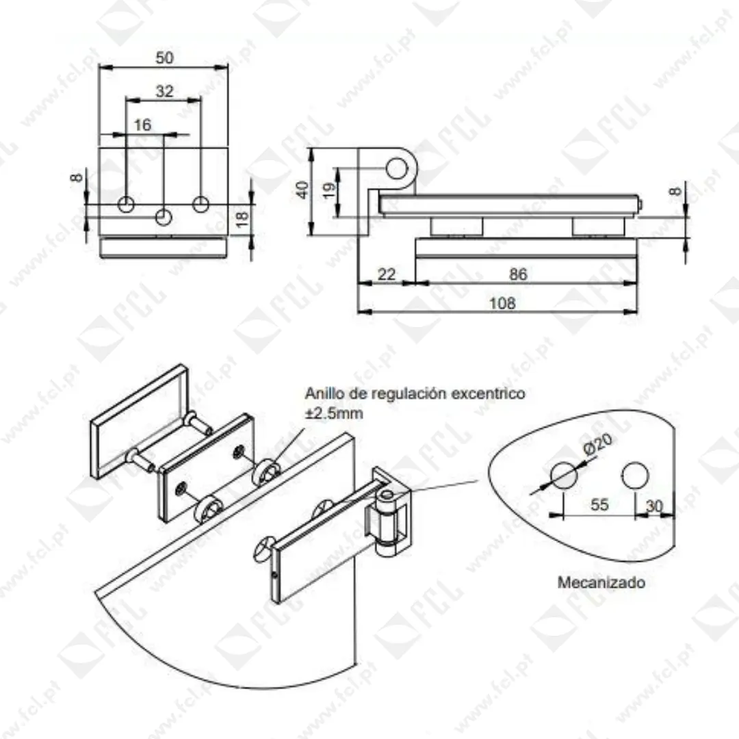 Dobradiça para porta de vidro com guarnição dobradiça horizontal com pá de 40 mm para porta de 8-12mm, medidas - FCL