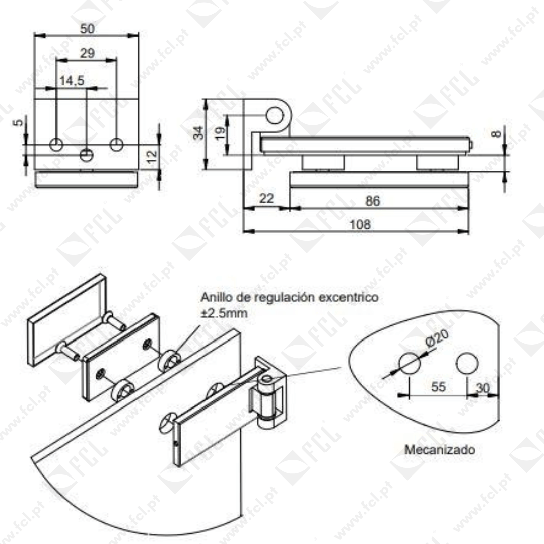 Dobradiça para portas de vidro horizontal 34 mm para portas de 8-12mm aço inoxidável, medidas - FCL