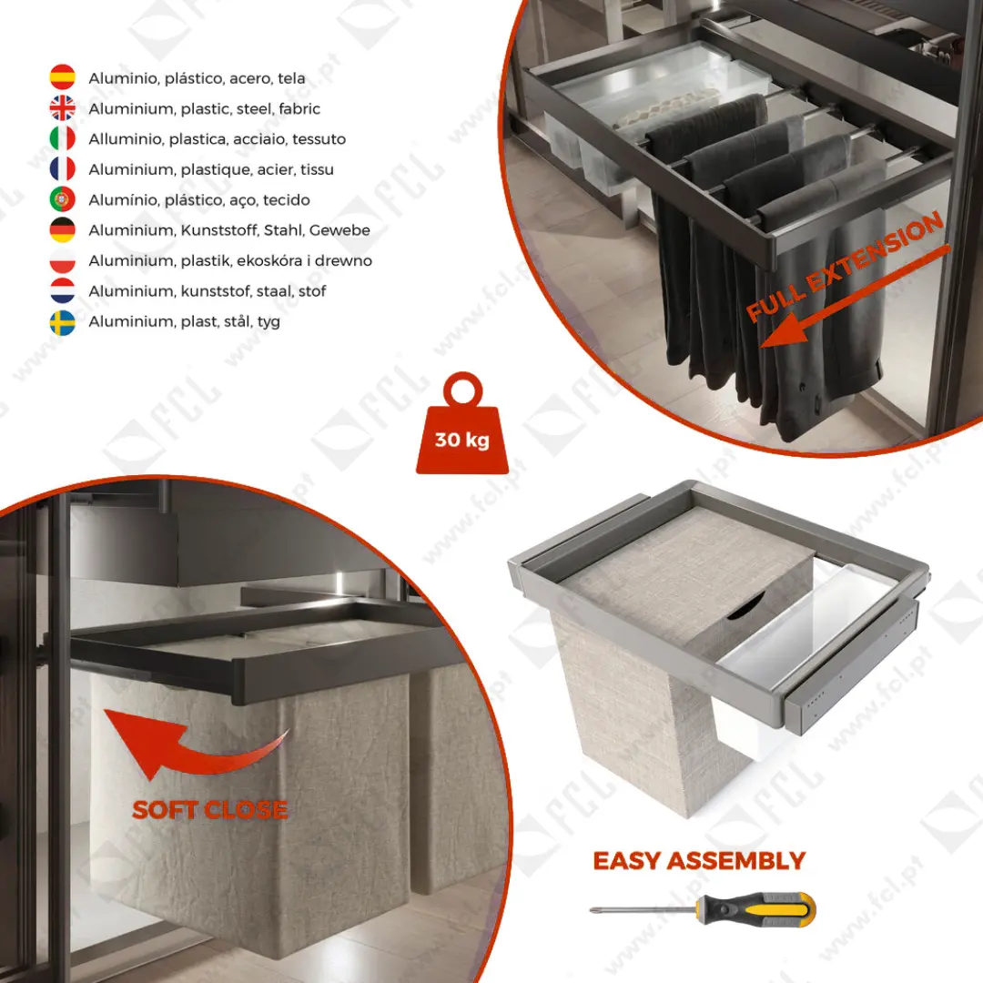 Kit de 2 bandejas auxiliares 1 cesto e estrutura ajustável Quartz - FCL