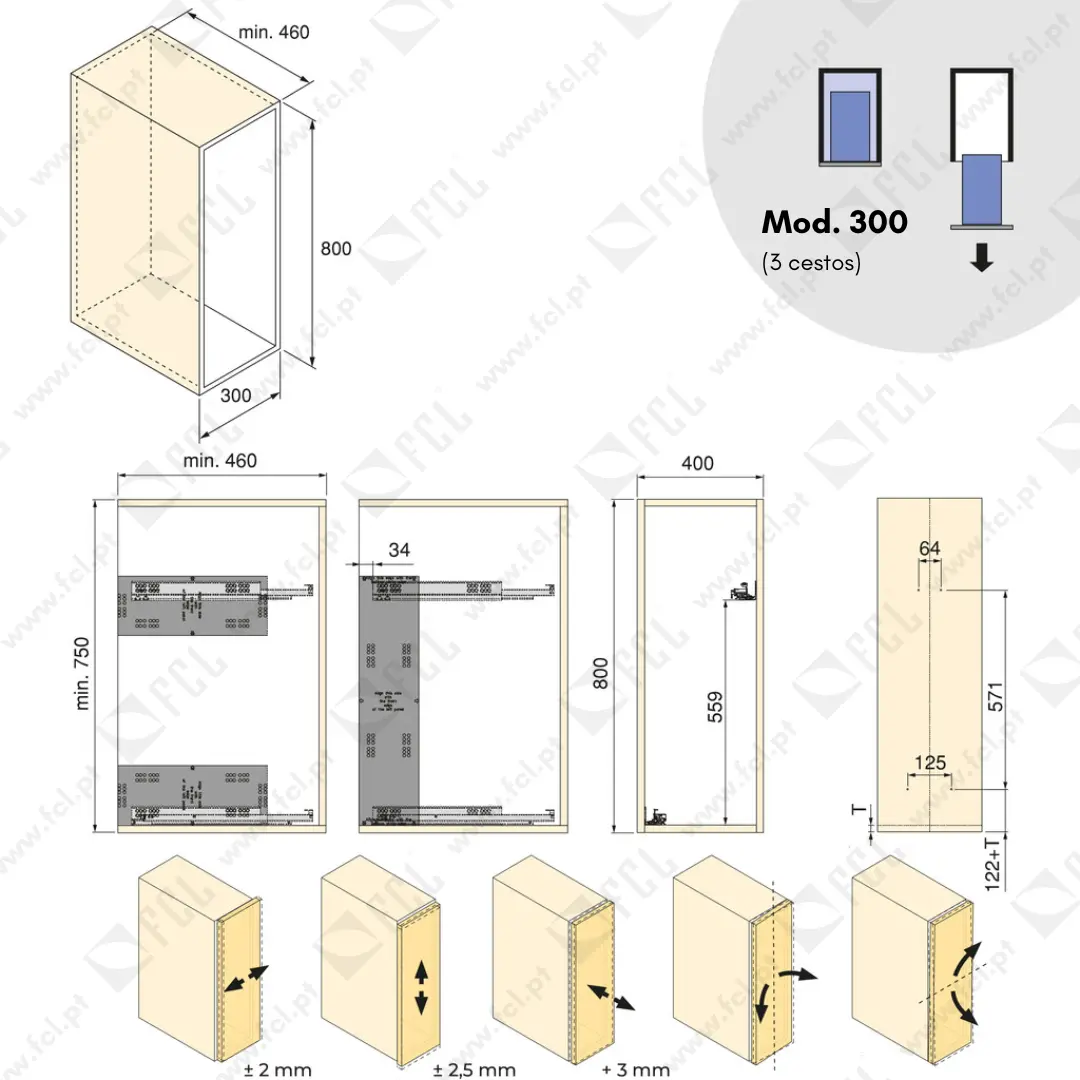 Carrinho extraível Harmony com fecho suave, Mod.300 com 3 cestos, medida modulo- FCL