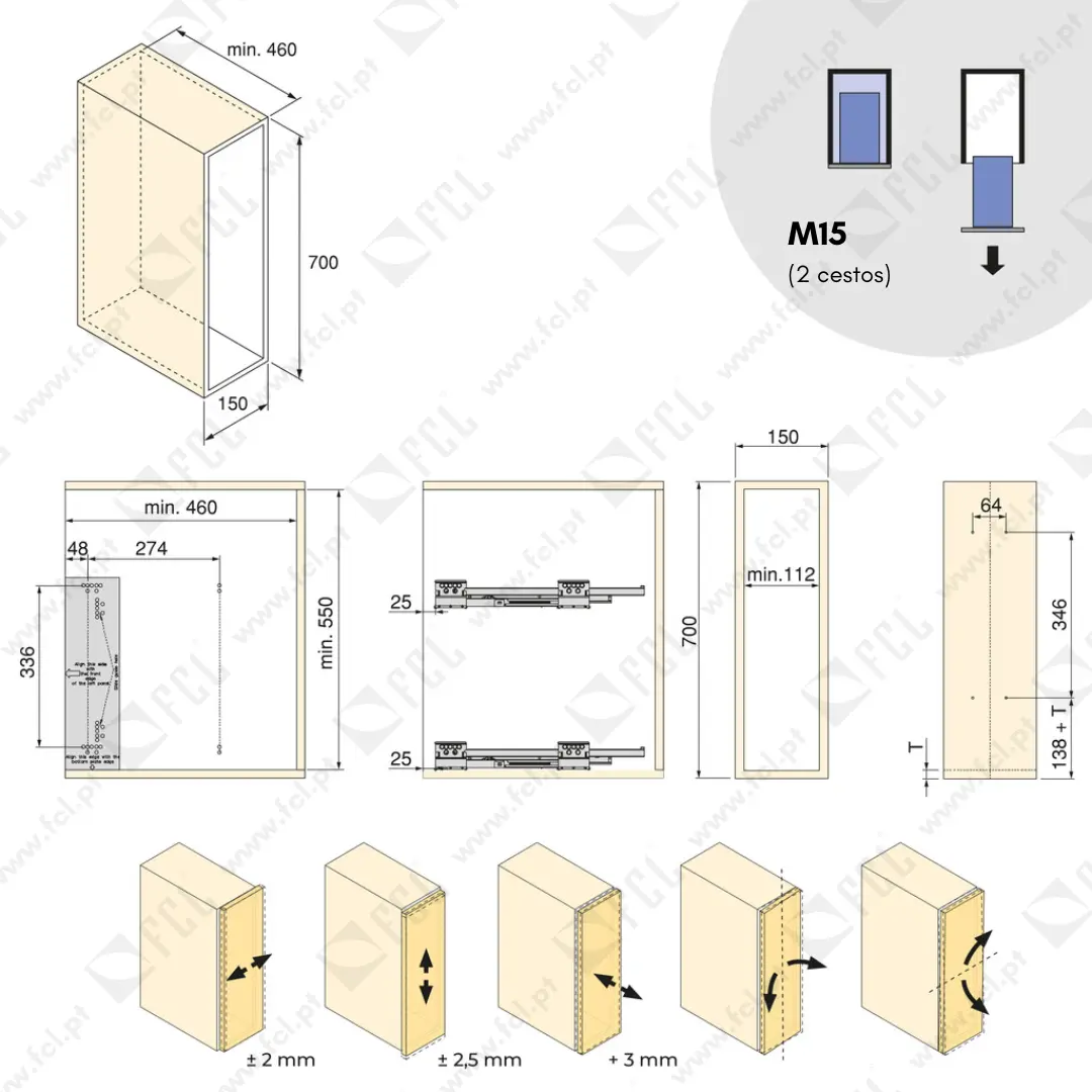 Garrafeira lateral extraível Harmony M15, 2 cestos, medidas do modulo - FCL